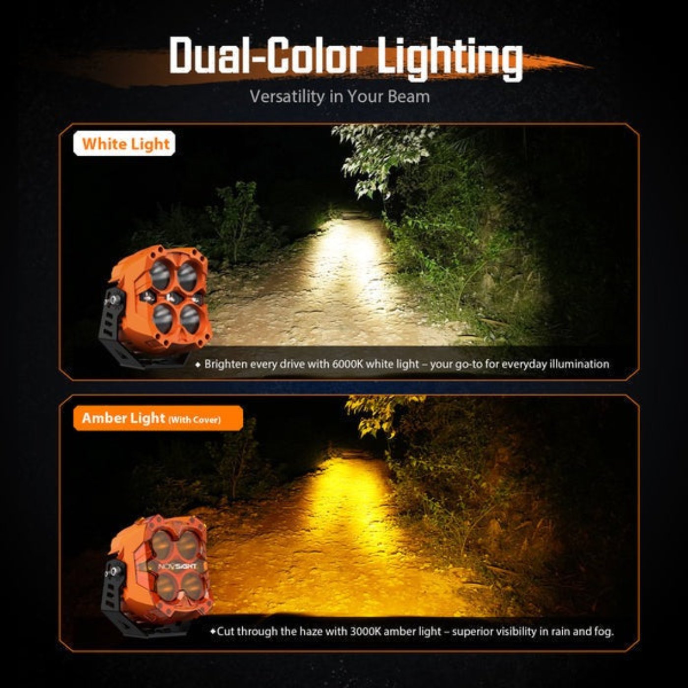 Novsight CYBER 1 Series | 6-inch LED Pod Lights White and Amber Light Cyber Orange - A500-WL1-6O