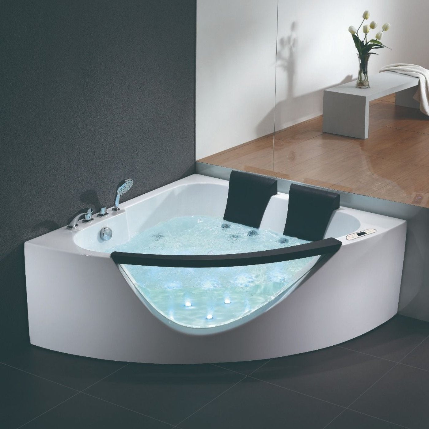 EAGO 5 ft Corner Acrylic White Waterfall Whirlpool Bathtub for Two AM208ETL