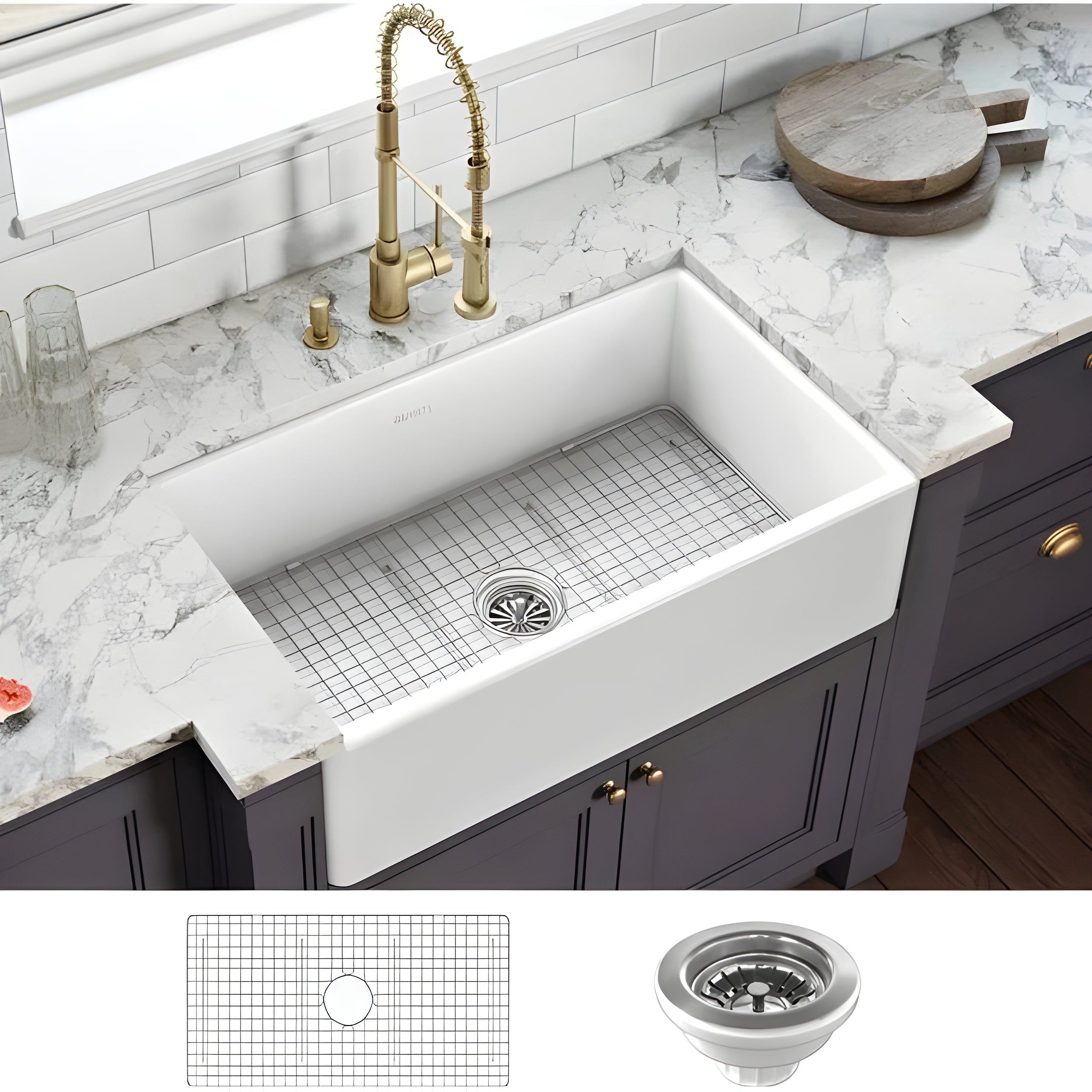 Fiamma Ruvati 33 x 20 inch Fireclay Reversible Farmhouse Apron-Front Kitchen Sink Single Bowl – White - RVL2300WH