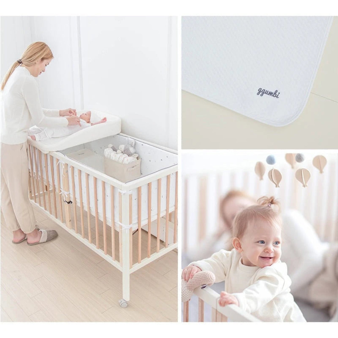 GGUMBI All Star Wood Baby Crib Full Set ( Baby Crib + Mattress + Cushion Guard 3P + Water Proof Pad + Diaper Changing Table Set ) - Gumb-Cribset