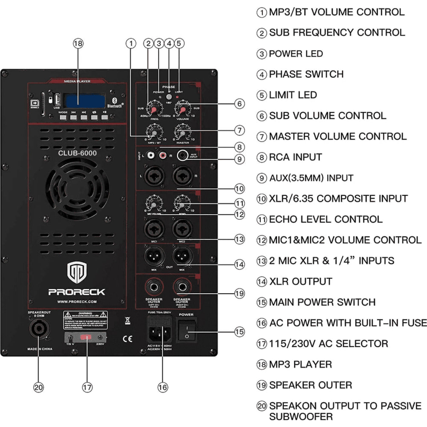 Proreck PA Speaker System 6000W Combo 4 Line Array Speakers and 15 Subwoofer with Bluetooth and Remote New - CLUB-6000