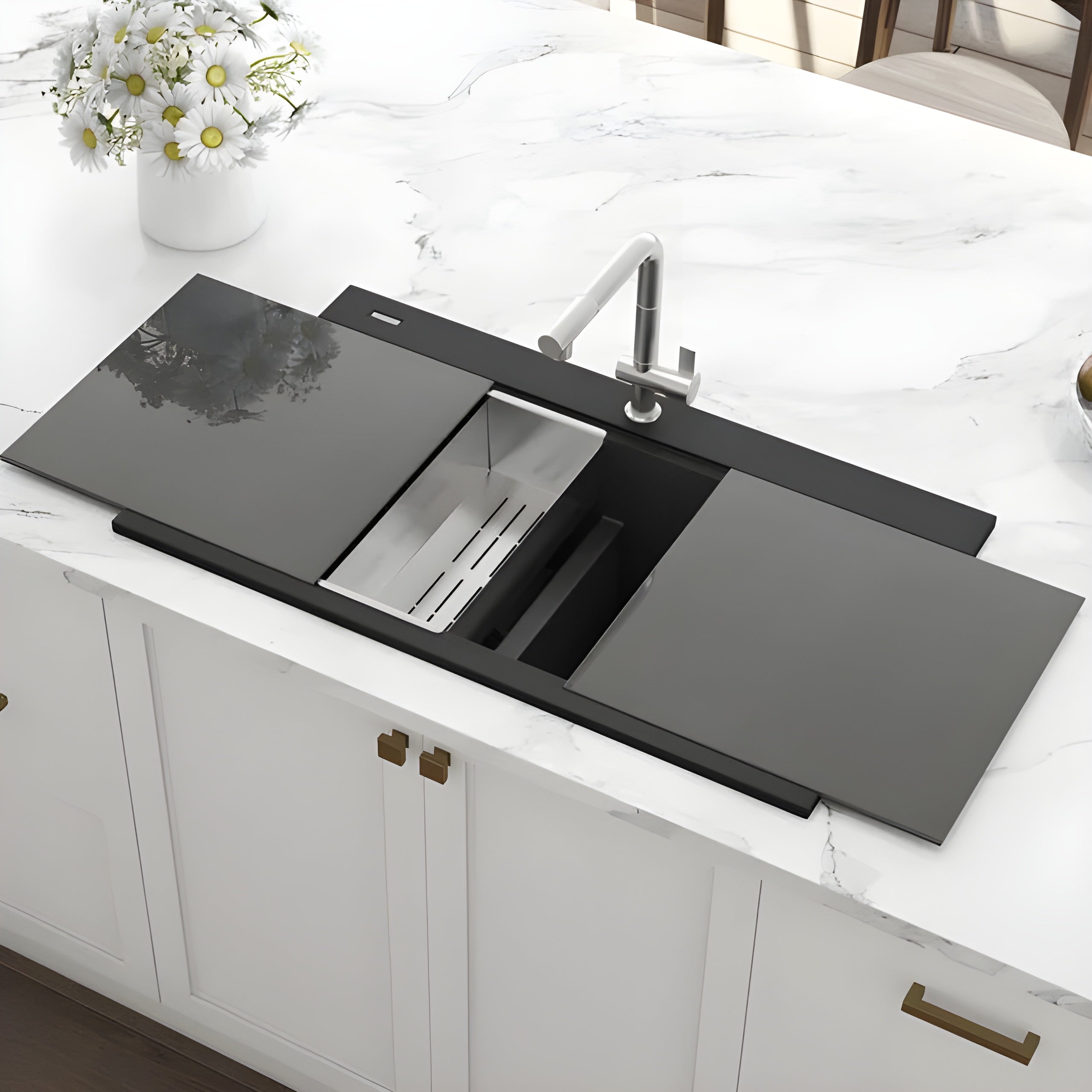 Ruvati epiGranite 34" epiGranite Topmount Workstation Ledge Granite Composite Kitchen Sink - Midnight Black - RVG1350BK