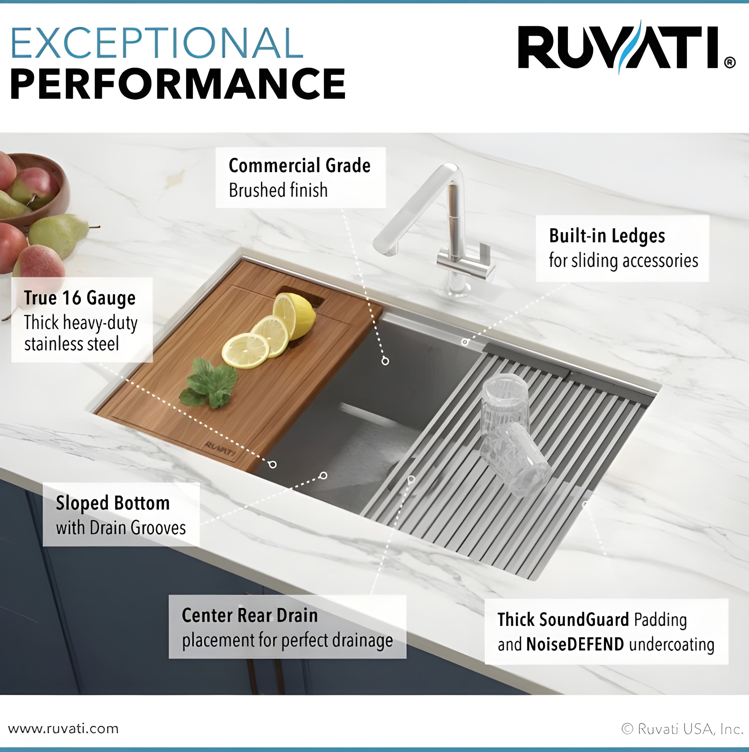Ruvati Roma Pro 32-inch Workstation Ledge Tight Radius Undermount 16 Gauge Kitchen Sink Single Bowl RVH8301