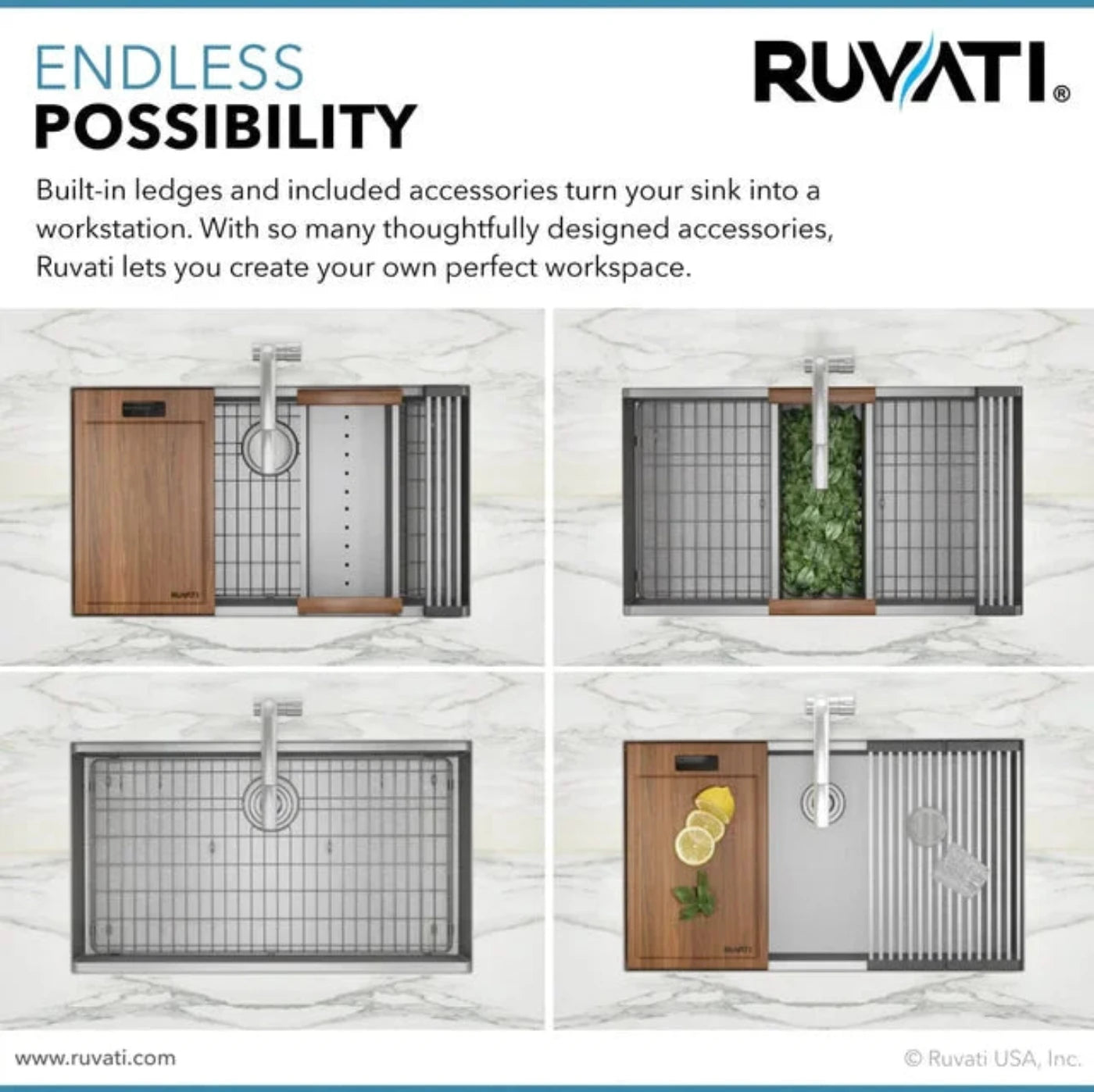 Ruvati Roma 33 Workstation Ledge 60/40 Double Bowl Undermount 16 Gauge Stainless Steel Kitchen Sink - RVH8356