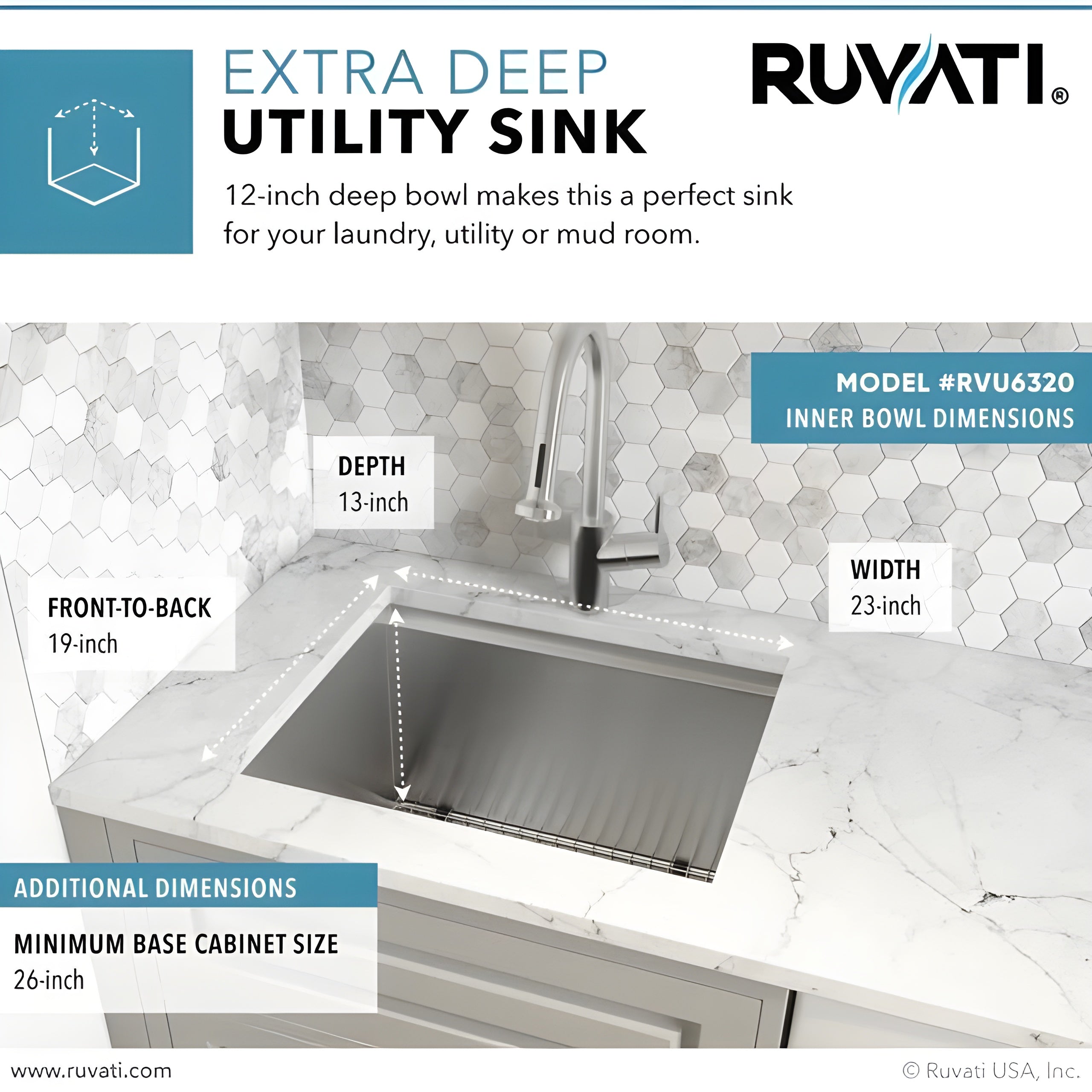 Ruvati Savona 23 x 19 x 13 Deep Laundry Utility Workstation Sink Undermount 16 Gauge - RVU6320