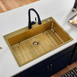 Ruvati Terraza 33 x 22 inch Satin Brass Matte Gold Stainless Steel Drop-in Topmount Kitchen Sink Single Bowl - RVH5005GG