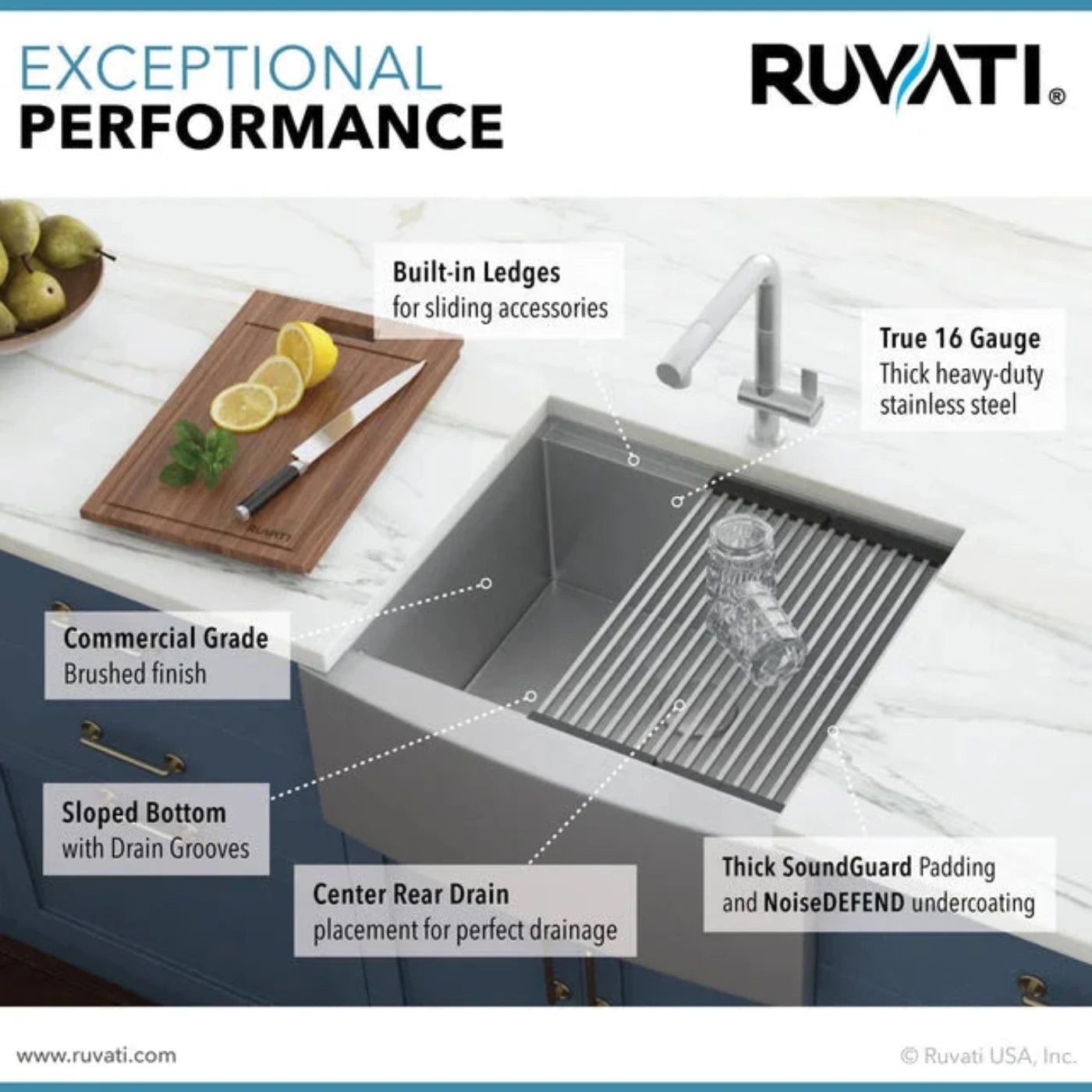 Ruvati Verona 24 Apron-Front Workstation Farmhouse Kitchen Sink 16 Gauge Stainless Steel Single Bowl - RVH9020