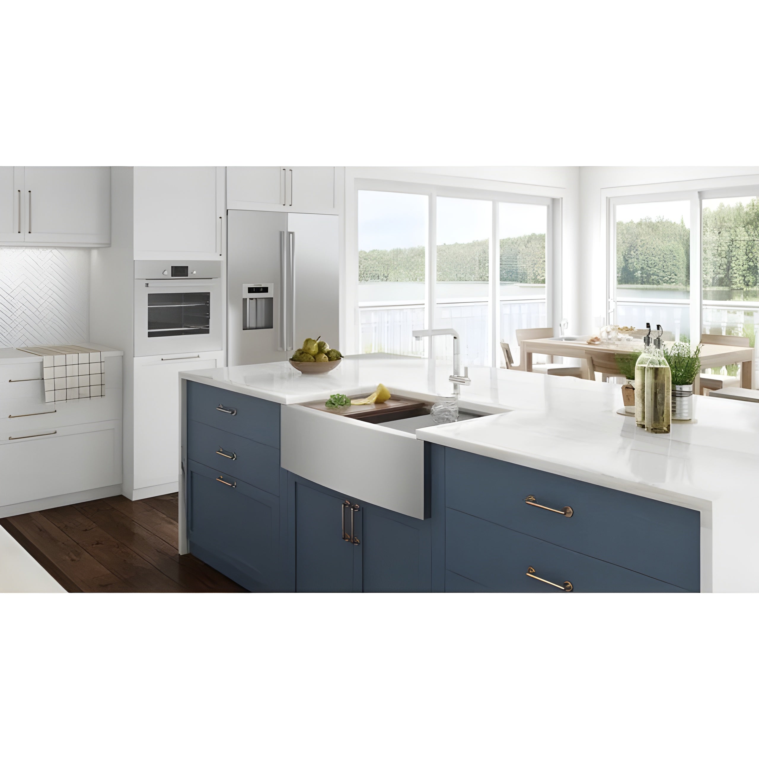 Ruvati Verona 33″ Apron Front Workstation Low-Divide Double Bowl 60/40 Farmhouse Kitchen Sink 16 Gauge Stainless Steel - RVH9201