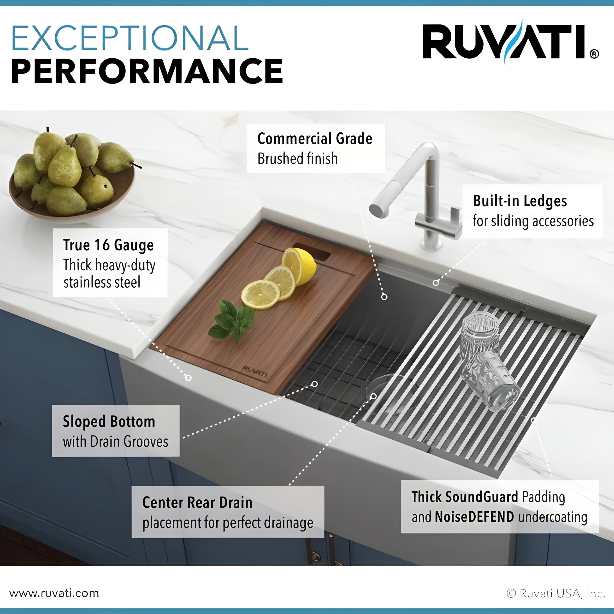 Ruvati Verona 36" Apron Front Workstation Farmhouse Kitchen Sink 16 Gauge Stainless Steel Single Bowl - RVH9300