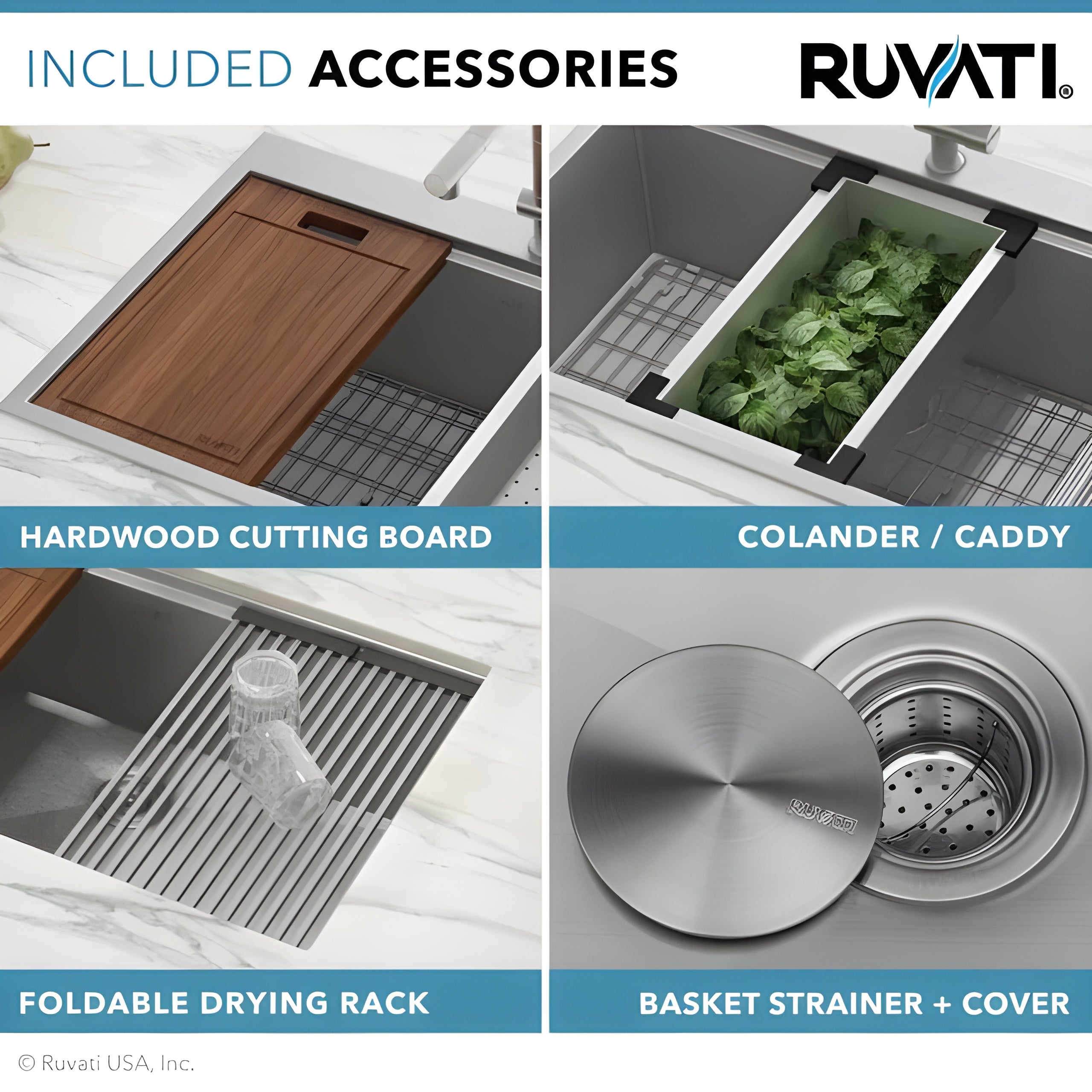 Ruvati Verona 33″ Apron Front Workstation Low-Divide Double Bowl 60/40 Farmhouse Kitchen Sink 16 Gauge Stainless Steel - RVH9201