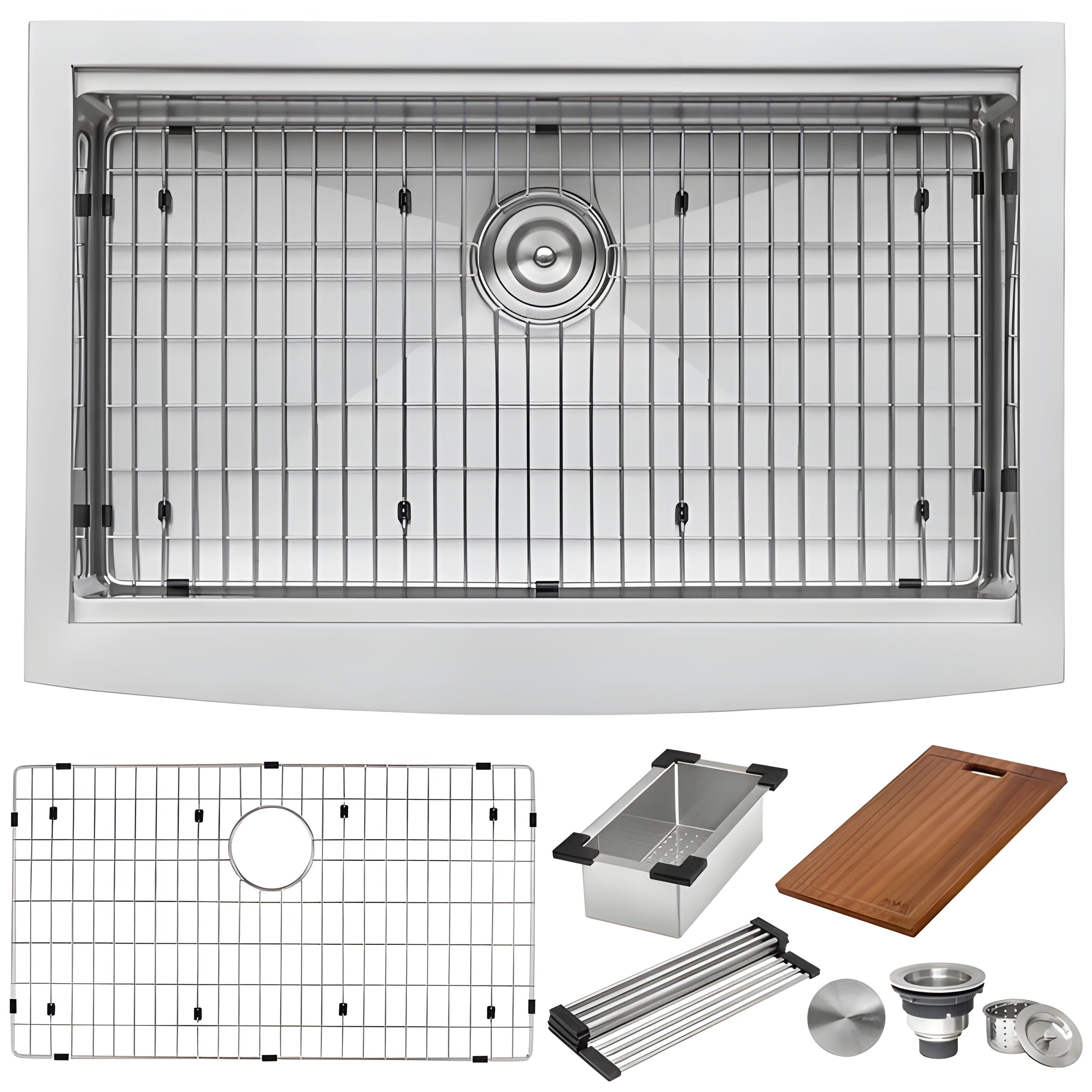 Ruvati Verona 33″ Apron Front Workstation Low-Divide Double Bowl 60/40 Farmhouse Kitchen Sink 16 Gauge Stainless Steel - RVH9201