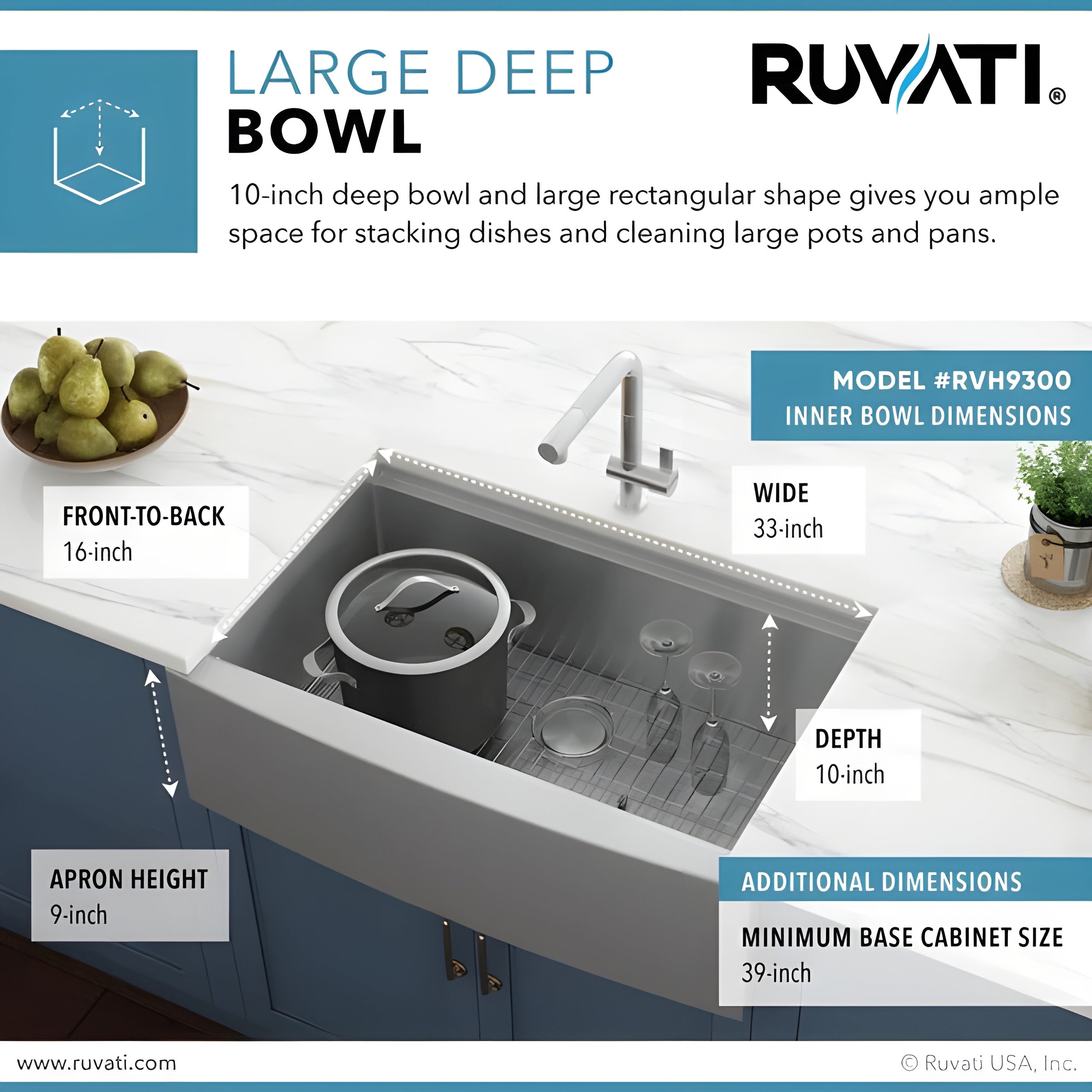 Ruvati Verona 36" Apron Front Workstation Farmhouse Kitchen Sink 16 Gauge Stainless Steel Single Bowl - RVH9300