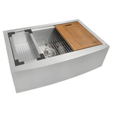 Ruvati Verona 33″ Apron Front Workstation Low-Divide Double Bowl 60/40 Farmhouse Kitchen Sink 16 Gauge Stainless Steel - RVH9201