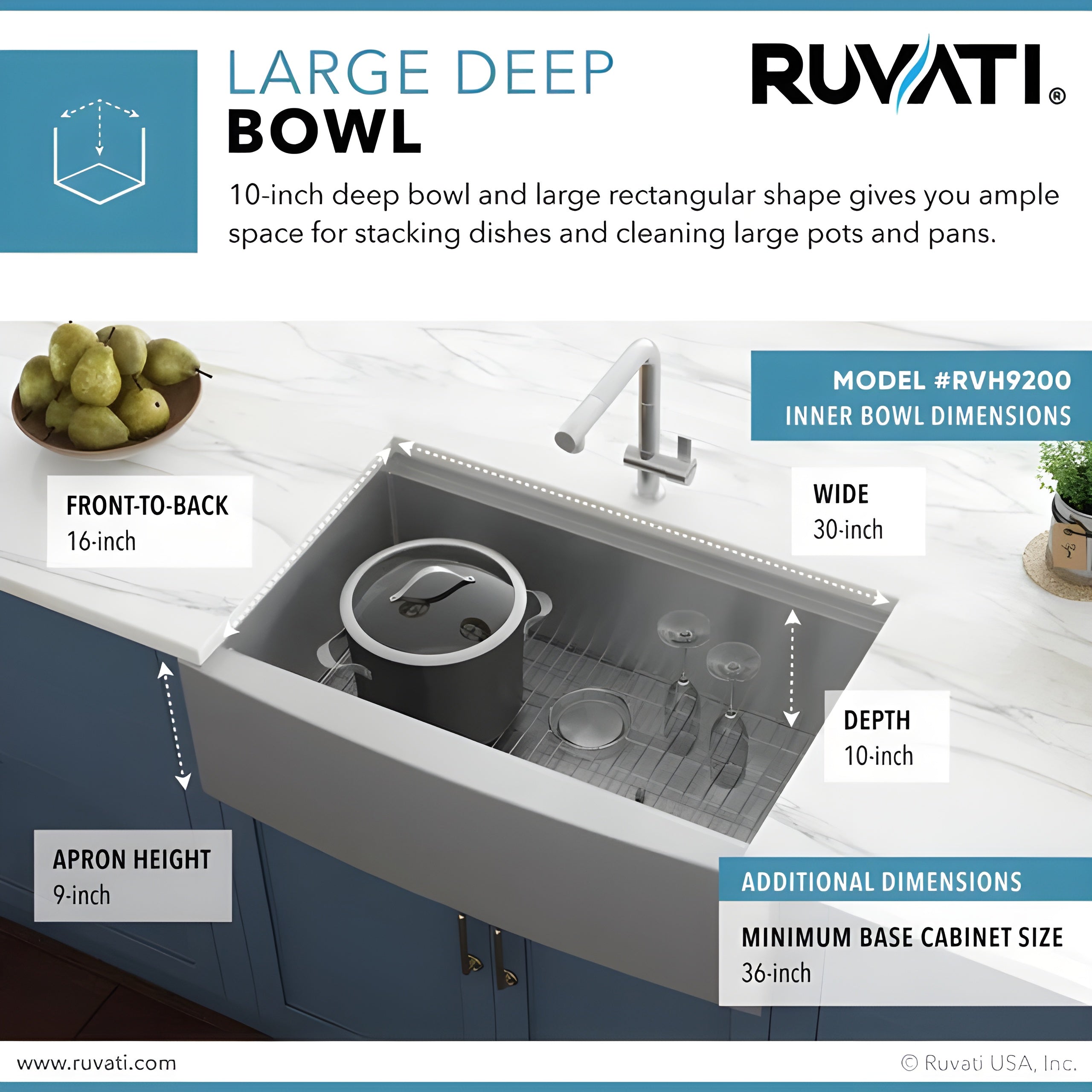 Ruvati Verona 33" Apron Front Workstation Farmhouse Kitchen Sink 16 Gauge Stainless Steel Single Bowl - RVH9200