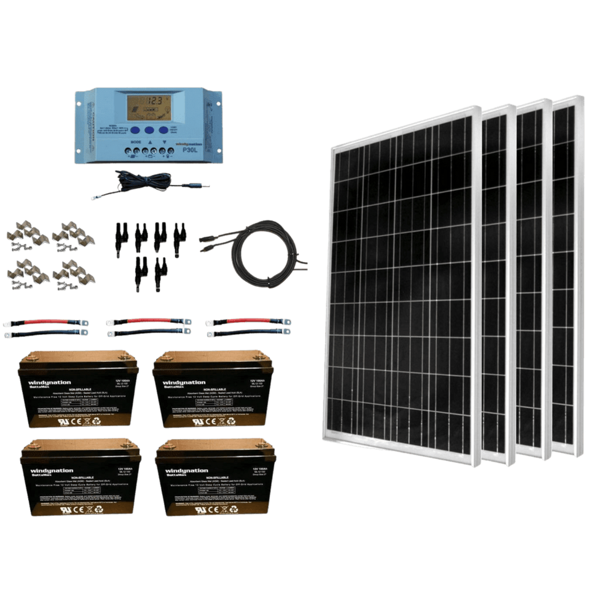 WindyNation 400 Watt Solar Panel Kit with 400ah AGM Battery New - SOK-400WP-P30L-400B