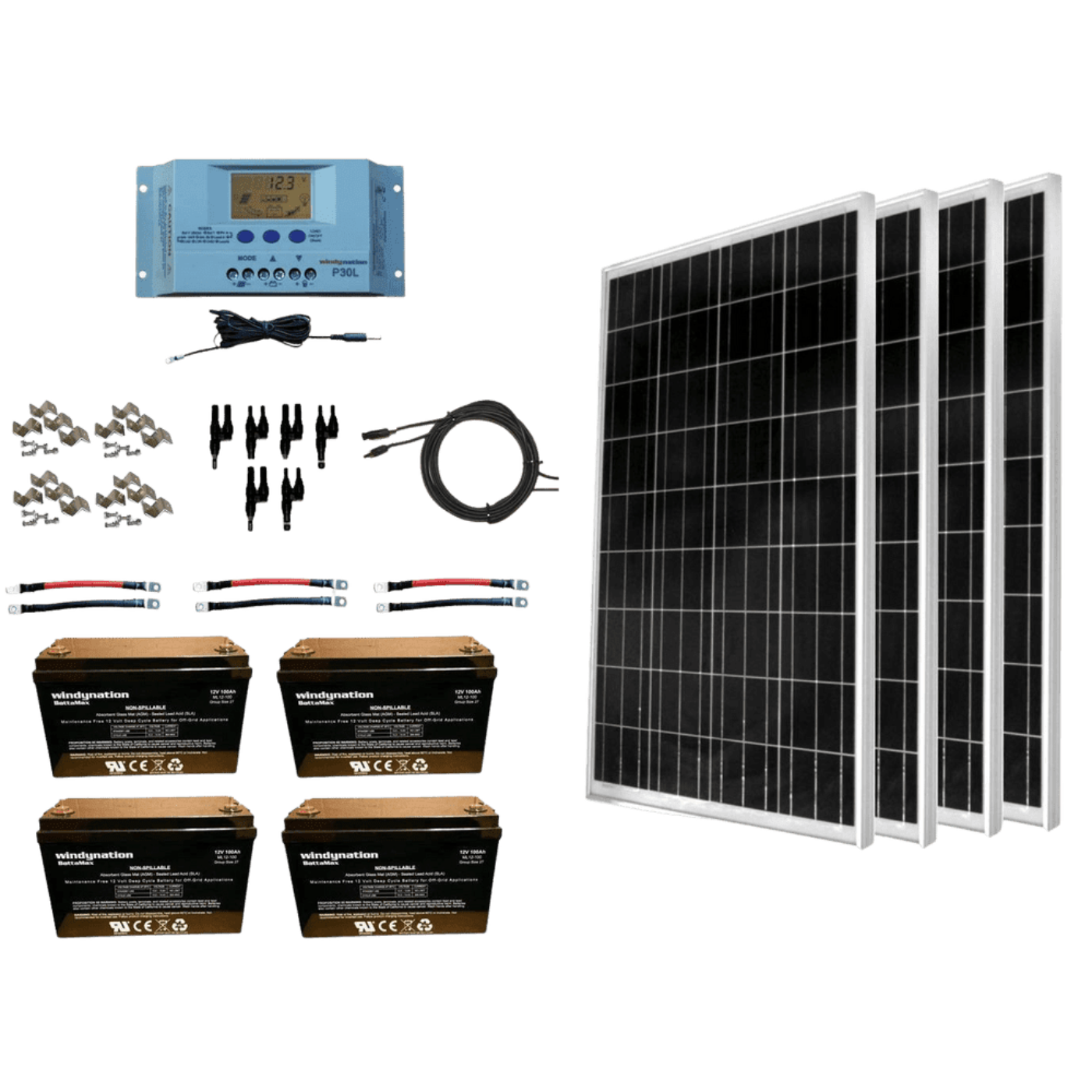 WindyNation 400 Watt Solar Panel Kit with 400ah AGM Battery New - SOK-400WP-P30L-400B