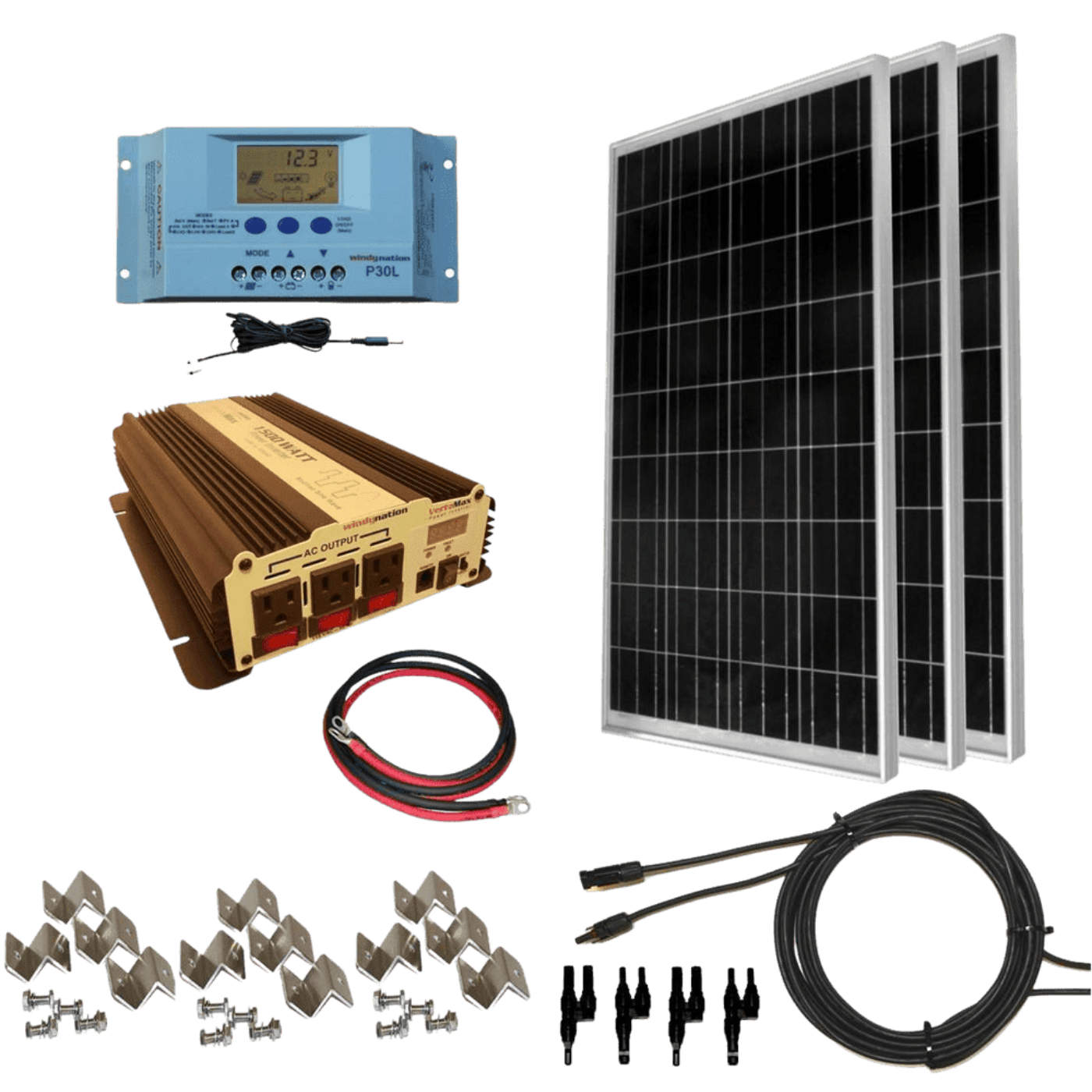 WindyNation Complete 300 Watt Solar Panel Kit with 1500W VertaMax Power Inverter for 12 Volt Battery Systems New - SOK-300WPI-15