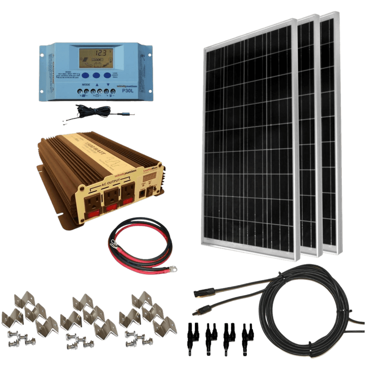 WindyNation Complete 300 Watt Solar Panel Kit with 1500W VertaMax Power Inverter for 12 Volt Battery Systems New - SOK-300WPI-15
