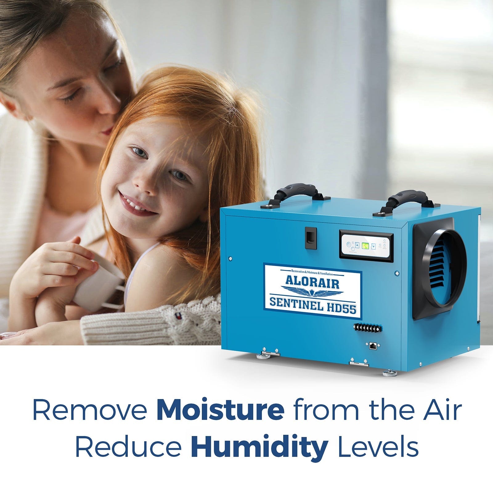 AlorAir Commercial Dehumidifier 113 Pint, with Drain Hose for Crawl Spaces, Basements, Industry Water Damage Unit, Compact, Portable, Auto Defrost, Memory Starting, 5 Years Warranty | Sentinel HD55 Blue