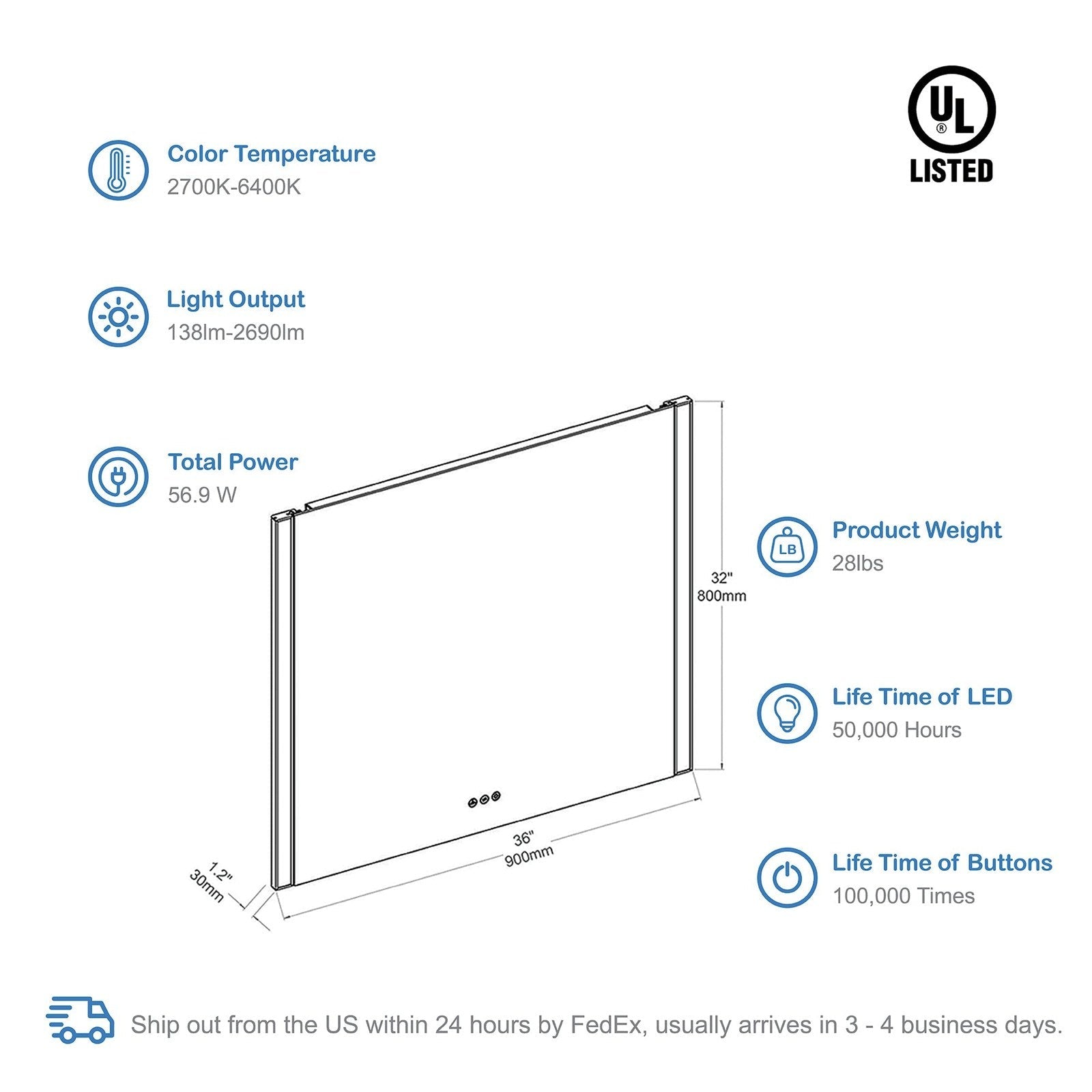 Blossom Binary 36″ LED Mirror - LED M5 3632 CH - Backyard Provider