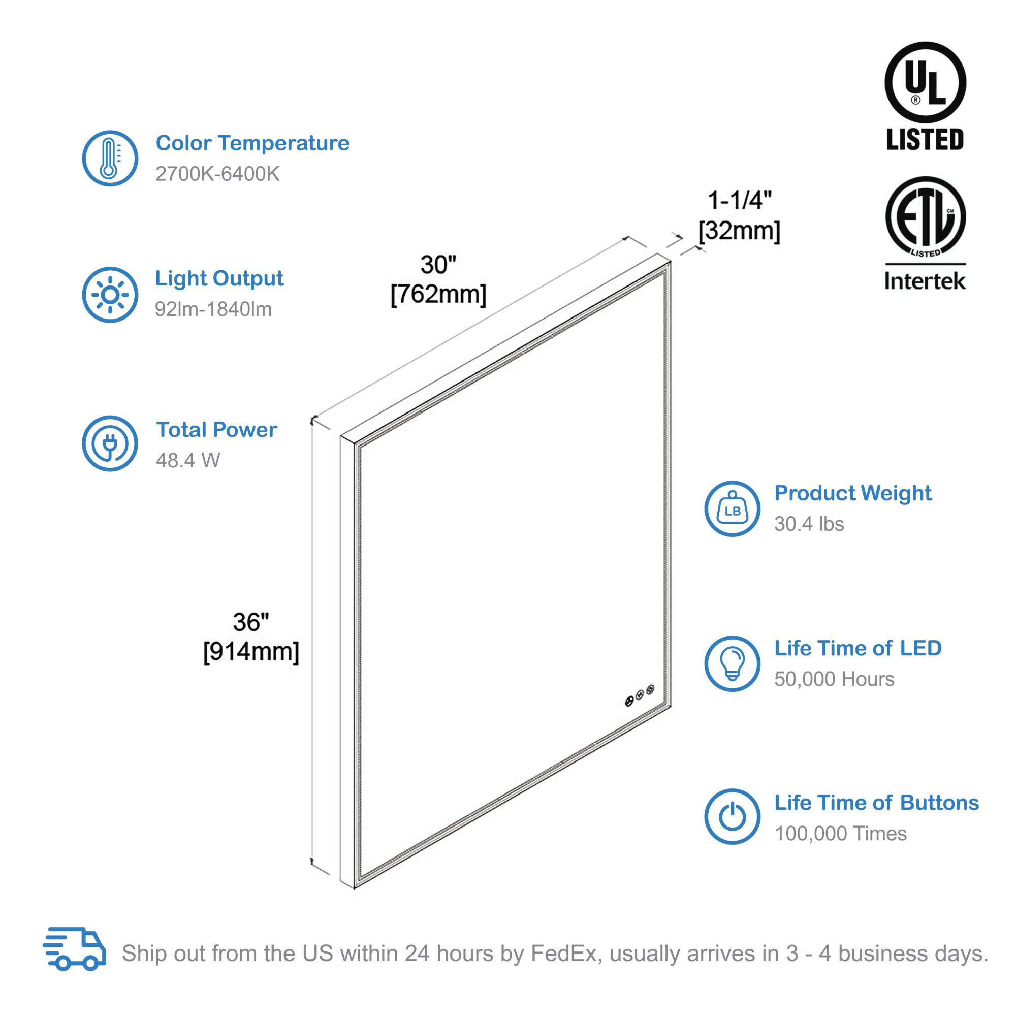 Blossom Stellar 30 Inch LED Mirror - LED M4 3036 MB - Backyard Provider