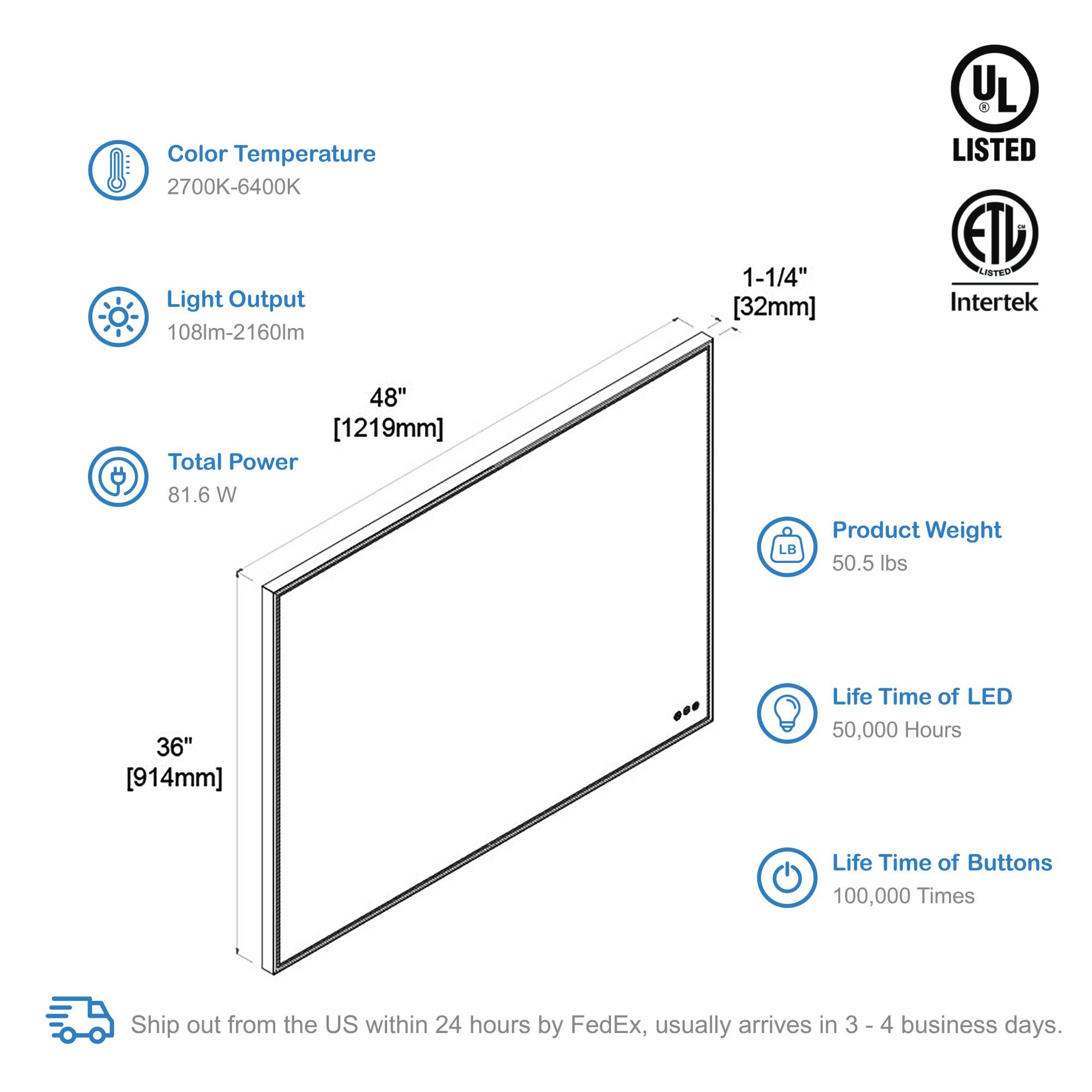 Blossom Stellar 48 Inch LED Mirror - LED M4 4836 MB - Backyard Provider